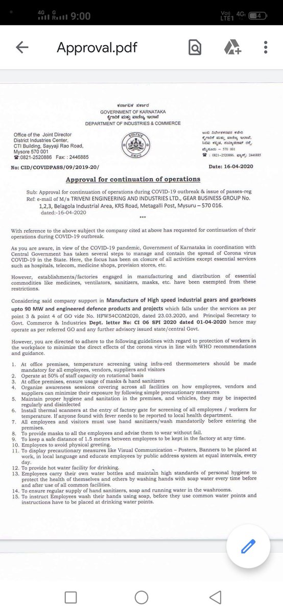 HpAravind's tweet photo. @SPTumkur @SPTumkur 
Dear sir
I am working in Triveni engineering industries Ltd Mysore, my company will come under defense sector they started working from 20 April,they are asking me to attend office I am facing  difficulty in attending without Pass it may lead to loss my job https://t.co/ekYLp6gMyU