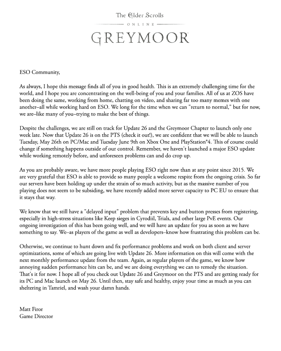 TESOnline's tweet image. We can now officially announce that Greymoor will release on May 26 for PC/Mac and June 9 for PlayStation 4 and Xbox One.

An update on #ESO from Game Director Matt Firor: beth.games/35fxpxL