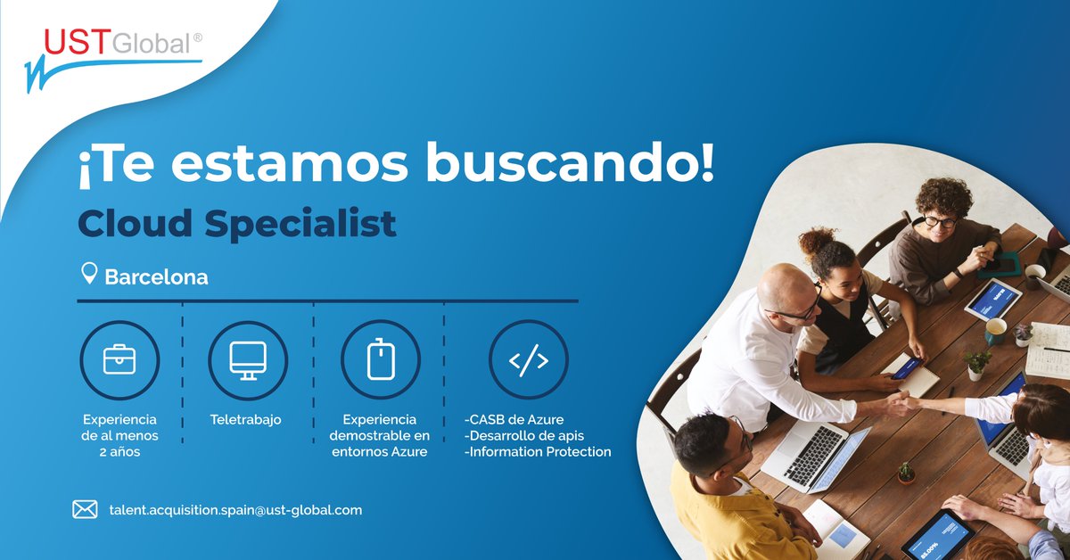 En #USTGlobal buscamos a dos "#Cloud Specialist" en Barcelona.

Los candidatos seleccionados deberán tener experiencia de al menos 2 años en entornos #Azure para unirse a un proyecto en cliente del sector asegurador.

Entra aquí y entérate de todo➡️ ustglobal.es/talento/