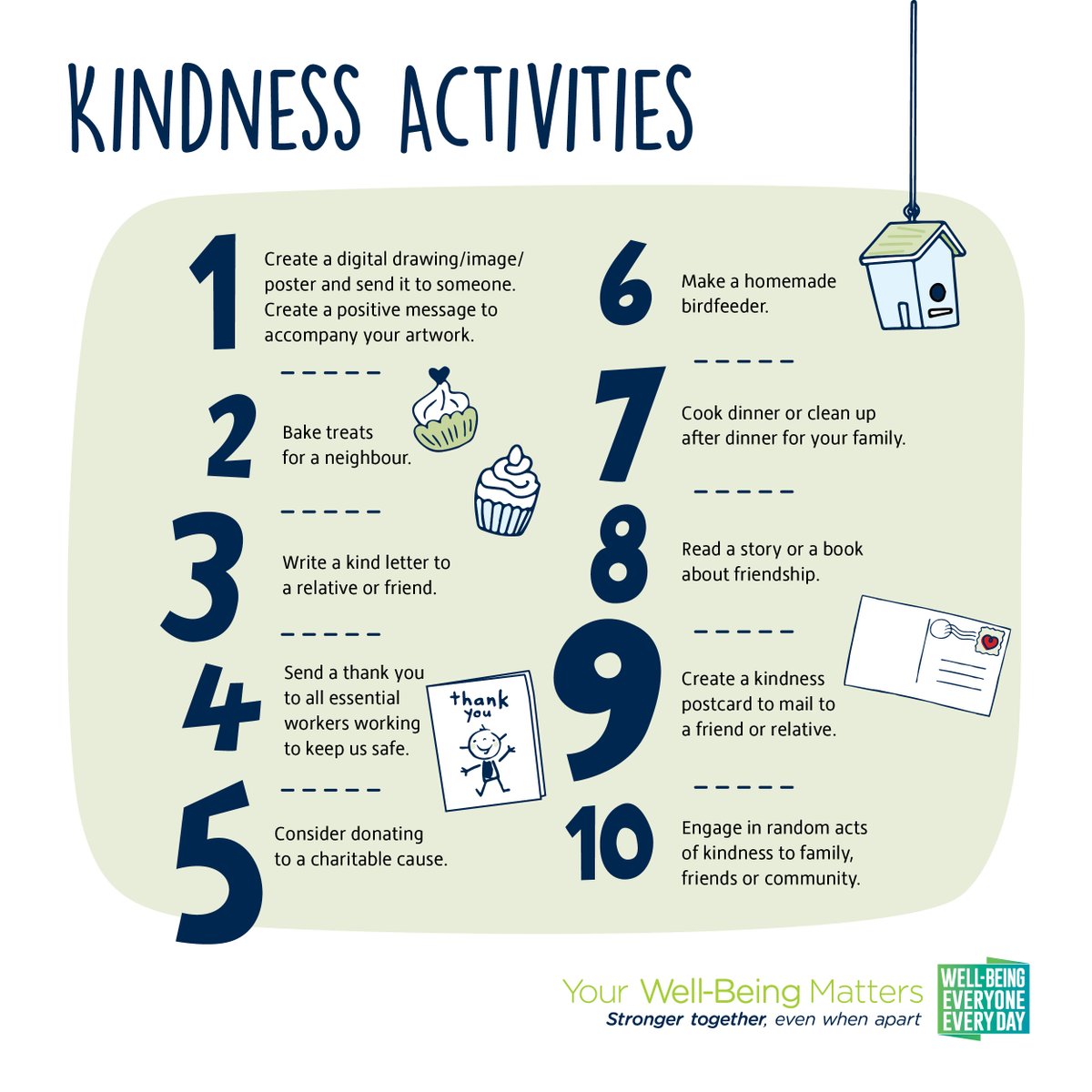 Your Well-Being Matters - Stronger Together- Even When Apart
Over the next two weesk we are focusing on Kindness during the COVID-19 Pandemic. 
Acts of Kindness are good for our mental health!
#DDSBwellbeing

Find out more here: bit.ly/2yNC7XL
