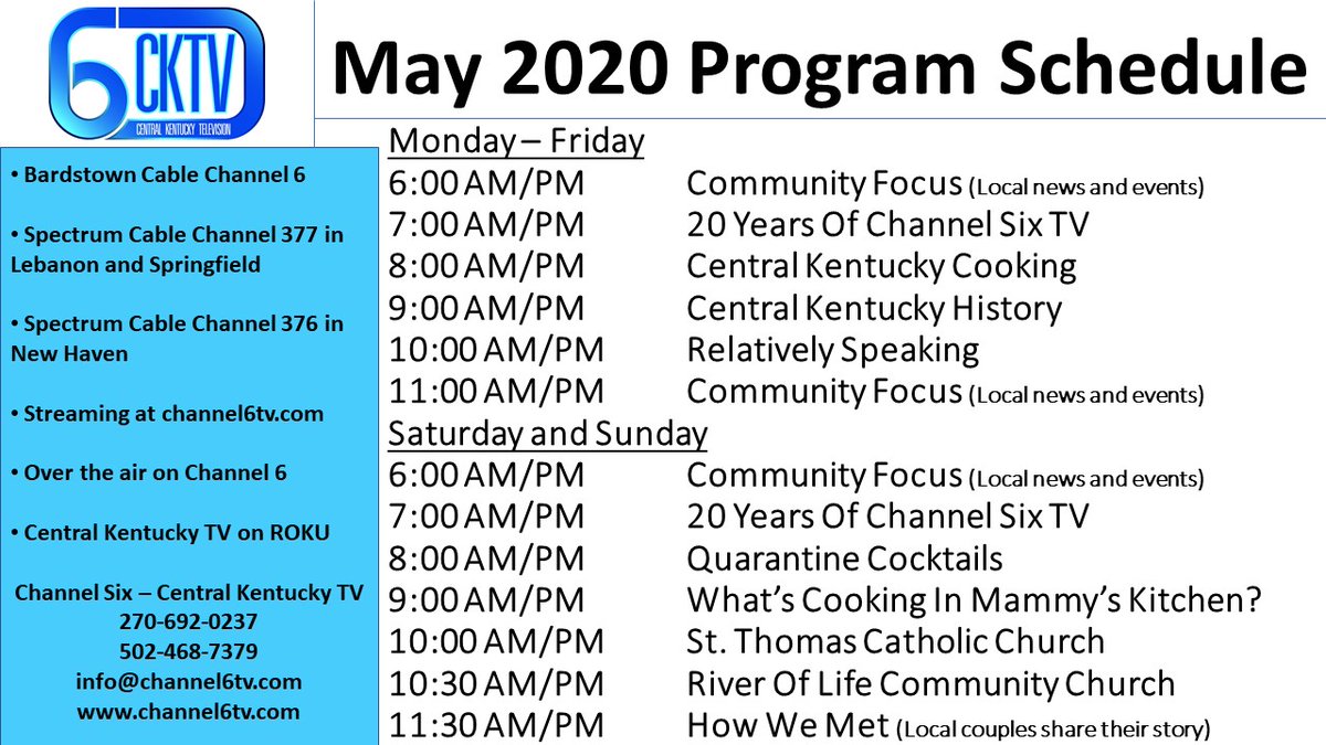 ky_standard's tweet image. #6tv Here's the May programming schedule for Channel Six - Central Kentucky Television.