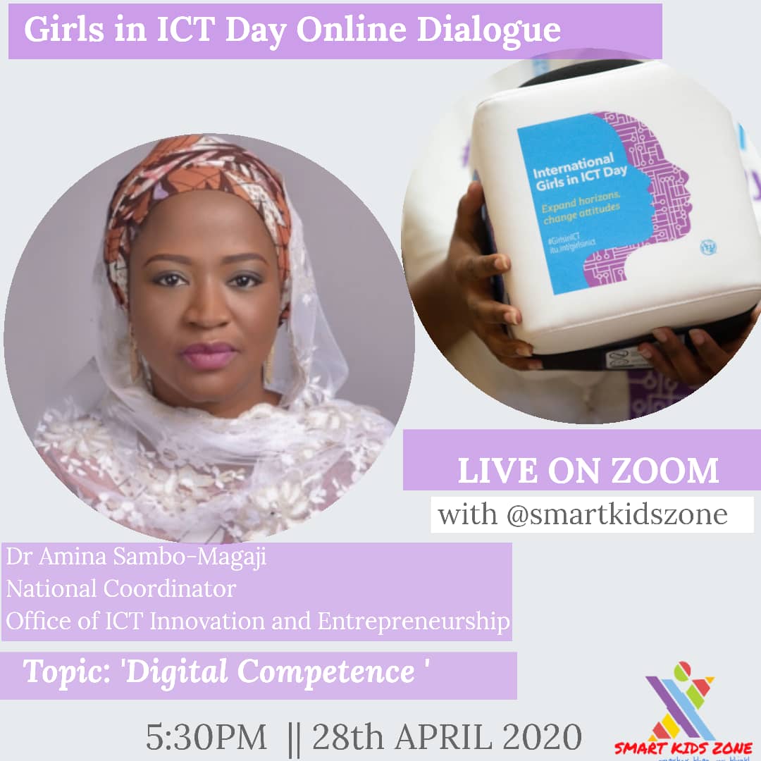 sgtin2's tweet photo. *Girls in ICT Day 2020*

Smart Kids Zone is celebrating Girls in ICT Day by hosting an Online  Dialogue Session.
*Join Zoom Meeting*
https://t.co/L21rC901DK

*Meeting ID: 739 5897 5998
*Password: 3Px8c5

Time: 5:30pm
@ngrinnovation @NITDANigeria @FMoCDENigeria @DrSamboMagaji https://t.co/ZiqDe9cb9J