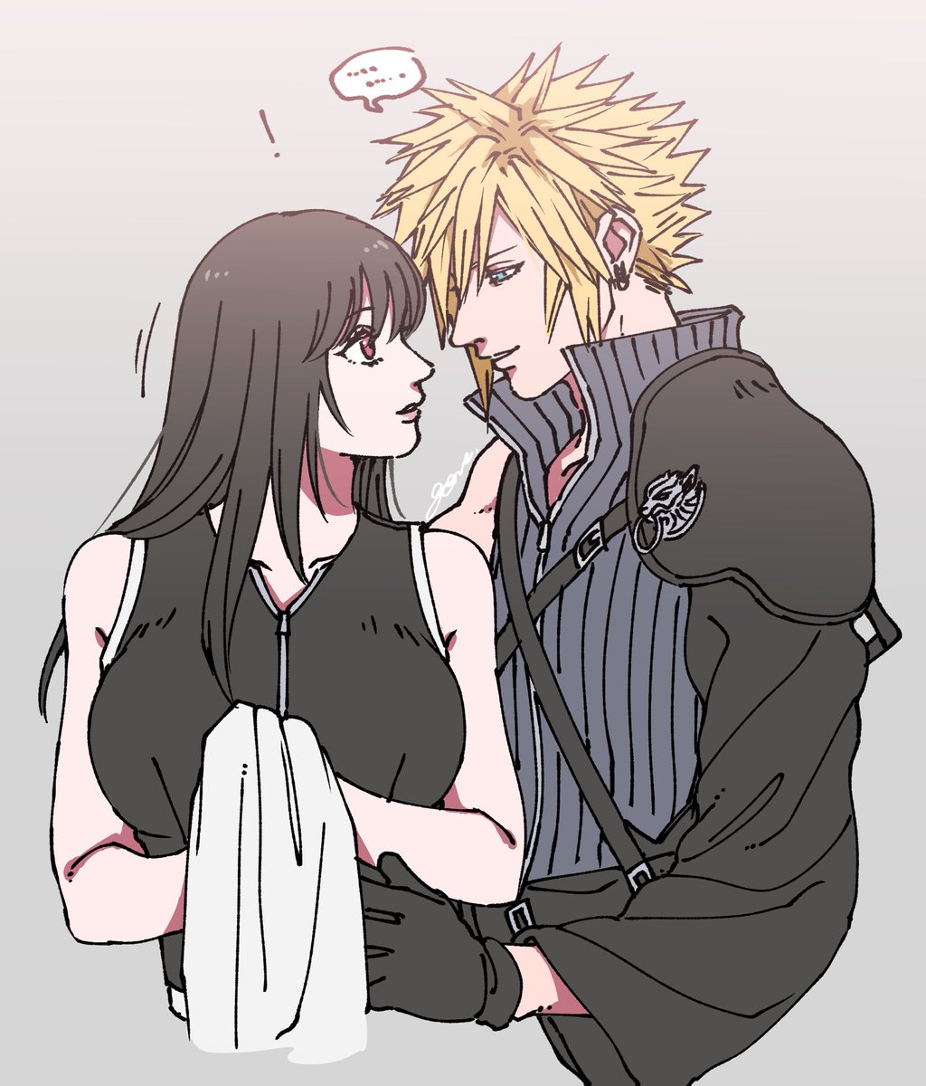 cloud strife ,tifa lockhart 1girl 1boy blonde hair spiked hair gloves long hair looking at another  illustration images