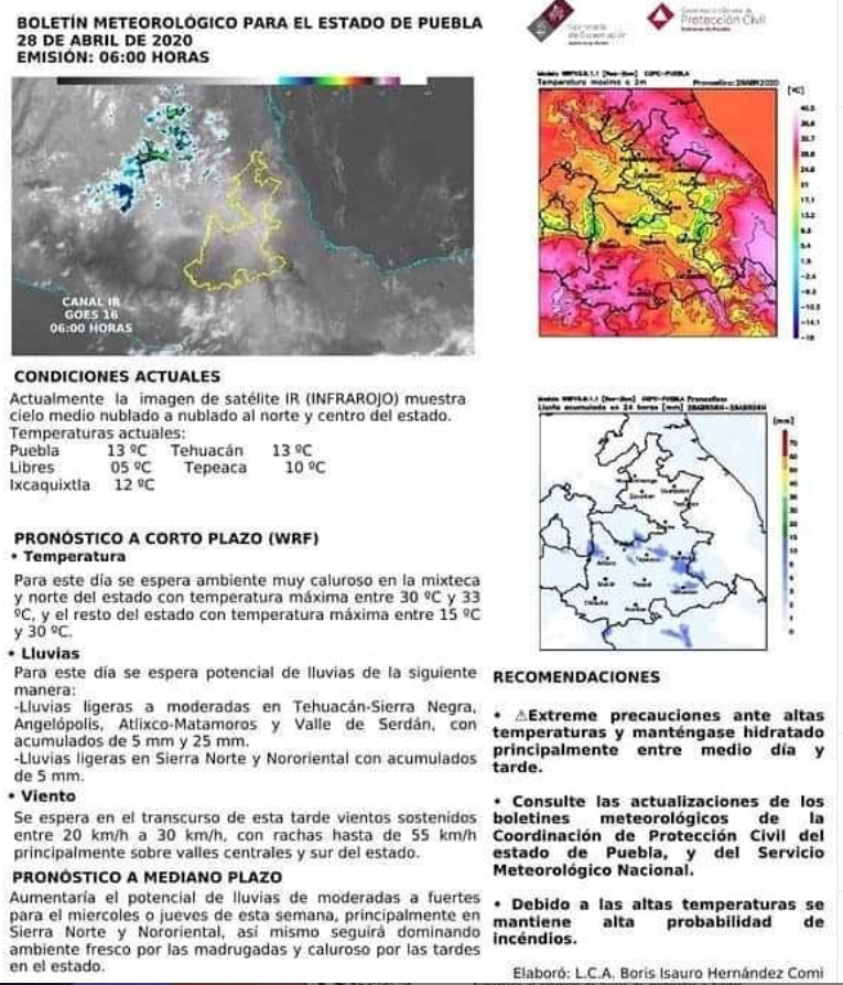 EllafmR's tweet photo. #Clima 🌞: Para este día en el estado de #Puebla:

Cielo medio nublado.
Ambiente caluroso.
🍃Viento moderado.
Lluvias moderadas en Valles Centrales, Tehuacán-Sierra Negra y Atlixco-Matamoros.
⚠️Se mantendría el potencial de lluvias en próximas 24 h en el Estado. Via @PC_Estatal https://t.co/Uvuo5F2wDS