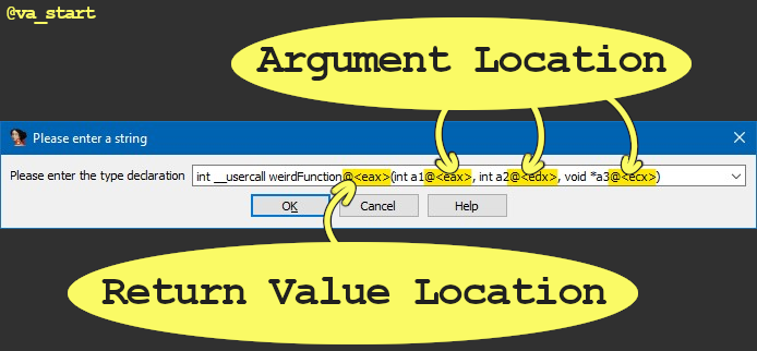 -Reversing Tip 28/30- 
IDA auto-analysis missed a function arg because it was passed in an “unexpected” register?
Use the “__usercall” call convention with “@<register_name>” to declare args &amp; their location:
#BinReversingTips #idaTips