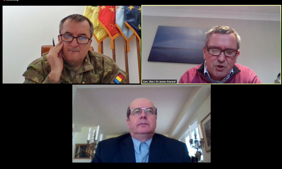 NSC_Romania's tweet photo. Discussing #NATO & the Pandemic: Short and Long Term Challenges at #NewStrategyCenter today with Gen. Daniel Petrescu, the Romanian CHOD and Gen. (Ret.) Sir James Everard, former #DSACEUR, moderated by @sducaru, Honorary Chairman of our Scientific Board & @eusatcen Director. https://t.co/60I1UqSwM2