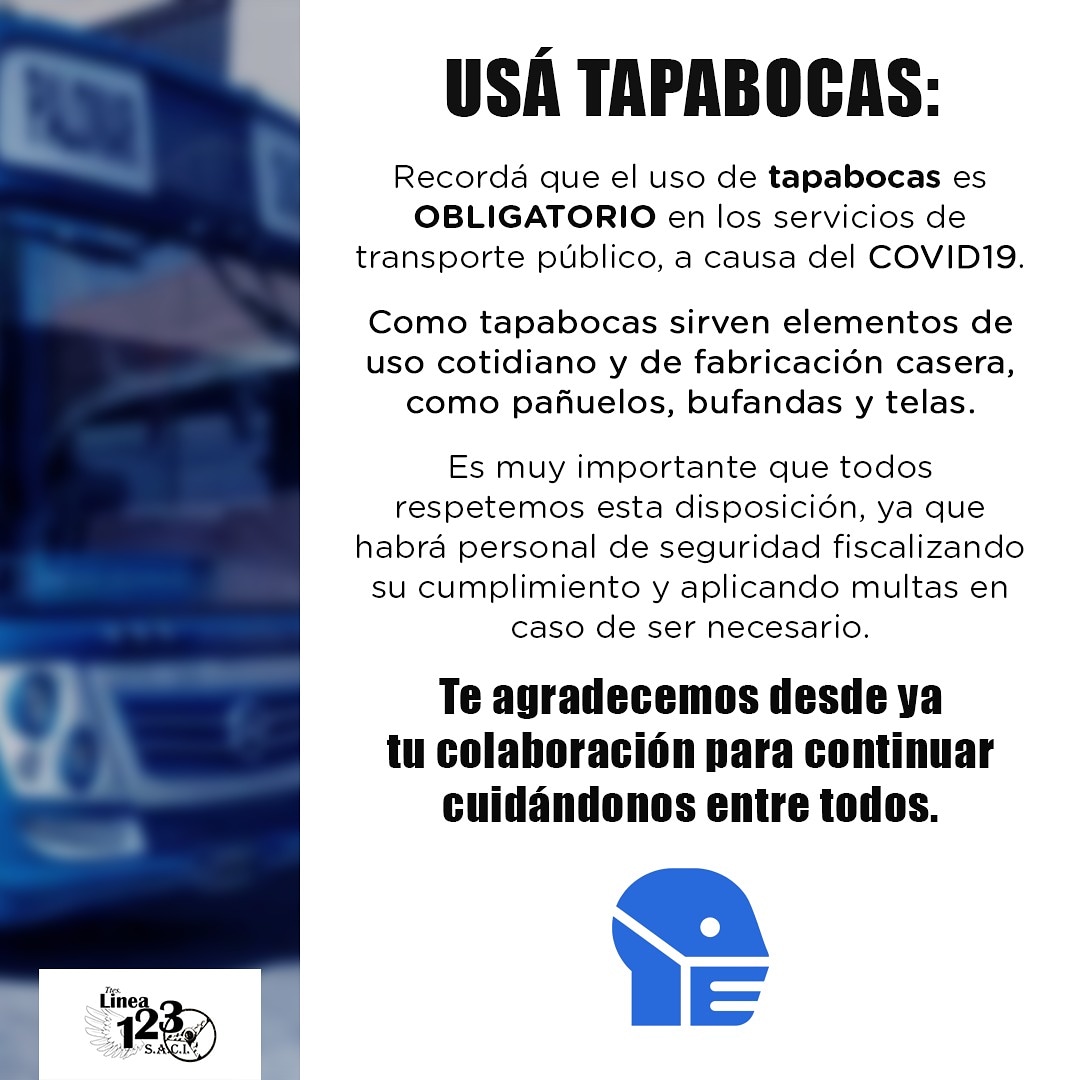⚠  IMPORTANTE: Recordá que es OBLIGATORIO el uso de tapabocas en medios de transporte público. Sigamos cuidándonos entre todos 🙌

#transportepublico #linea123 #colectivos #bondi #argentina