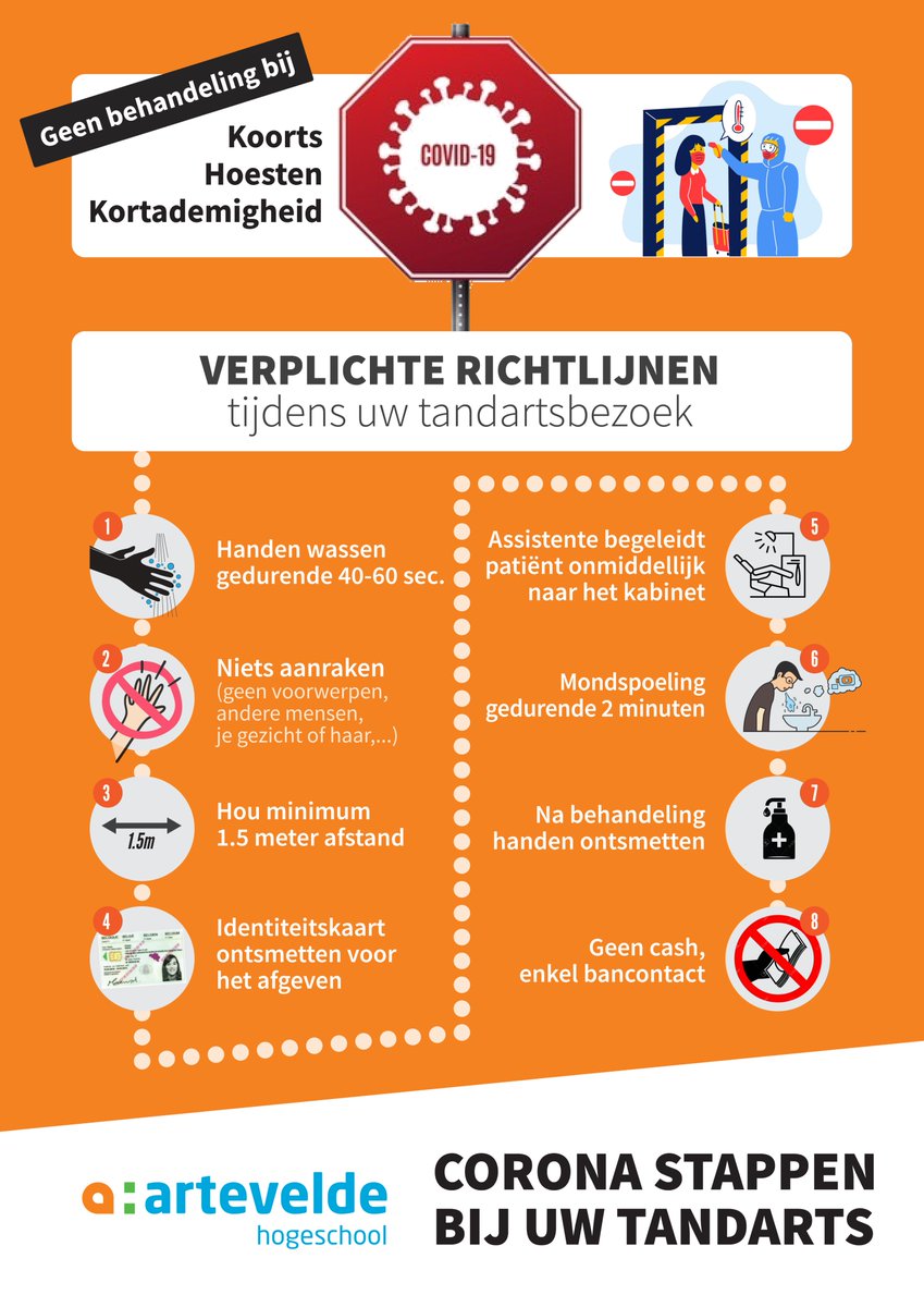 Heb je binnenkort een afspraak bij de tandarts? 🦷 Een aantal maatregelen kunnen het risico op besmetting drastisch beperken. Studenten Mondzorg maakten daarom deze affiche met duidelijke richtlijnen voor de tandartswachtzaal. 👇