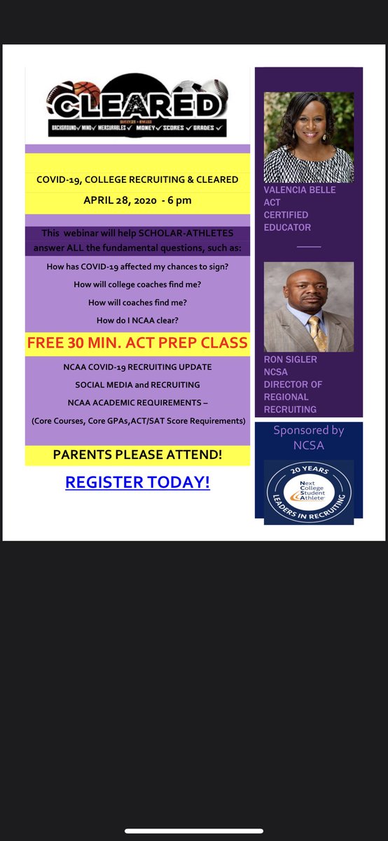 🟣FAIRFIELD 🐅ATHLETES🟣Tonight 6pm learn how to get recruited during COVID-19 &amp; get FREE ACT PREP <a href="/h5group/">Coach Keon Handley, Sr.</a> <a href="/ncsa/">NCSA College Recruiting</a>events @ncsa <a href="/CLEARED18/">CLEARED</a> @schoolsprograms click the link to reg 🟡ncsasports.zoom.us/webinar/regist…