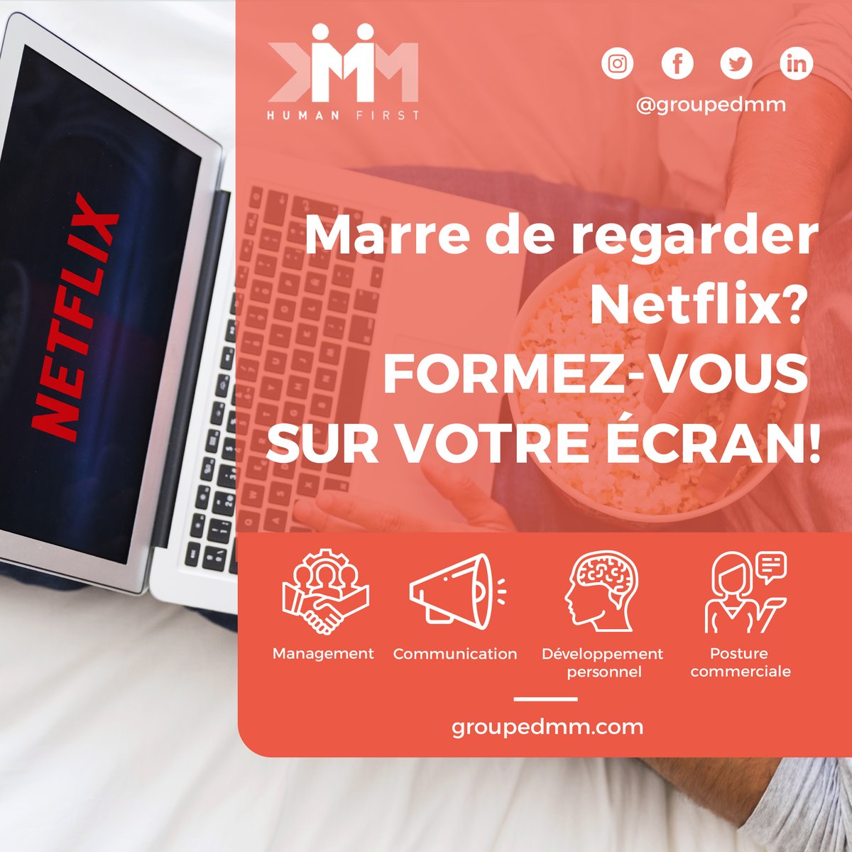 Marre de regarder #Netflix ? 💻
Profitez du confinement pour vous former ! 🤓
C'est #gratuit si vous êtes au chômage partiel ! 😉
groupedmm.com/formez-vous-pe…
#Formation #Confinement #Chômagepartiel #apprendre #coronavirus