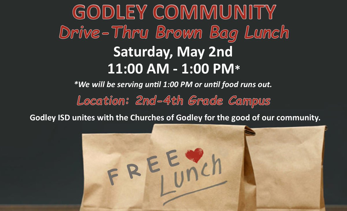 Mark your calendars for this Saturday, May 2nd, and come by and grab a bagged lunch for your family, children and adults included! THANK YOU to our local churches for providing these meals for our community! #WeAreGodley #GodleyStrong