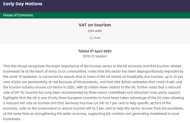 With 35% jobs in the tourist industry permanently at risk because of #Covid19, there needs to be a stronger government response
 
Cross-party MPs have called for VAT on tourism to be cut. Now is the time to do it
 
Pls ask your MP to sign my EDM #Brighton 👇