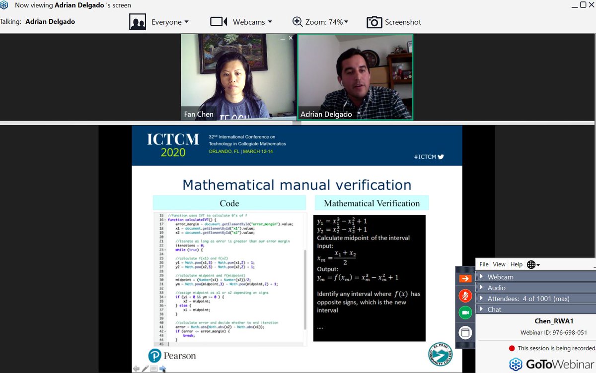 fanchen2007's tweet photo. 32nd International Conference on Technology in College Mathematics in webinar. Adrian &amp; I were being recorded our presentation, Creating Mathematical Mobile App in Project-Based Learning PreCalculus​. I'm designing PBL models for online math classes. #ICTCM https://t.co/vmc9vHpgIV