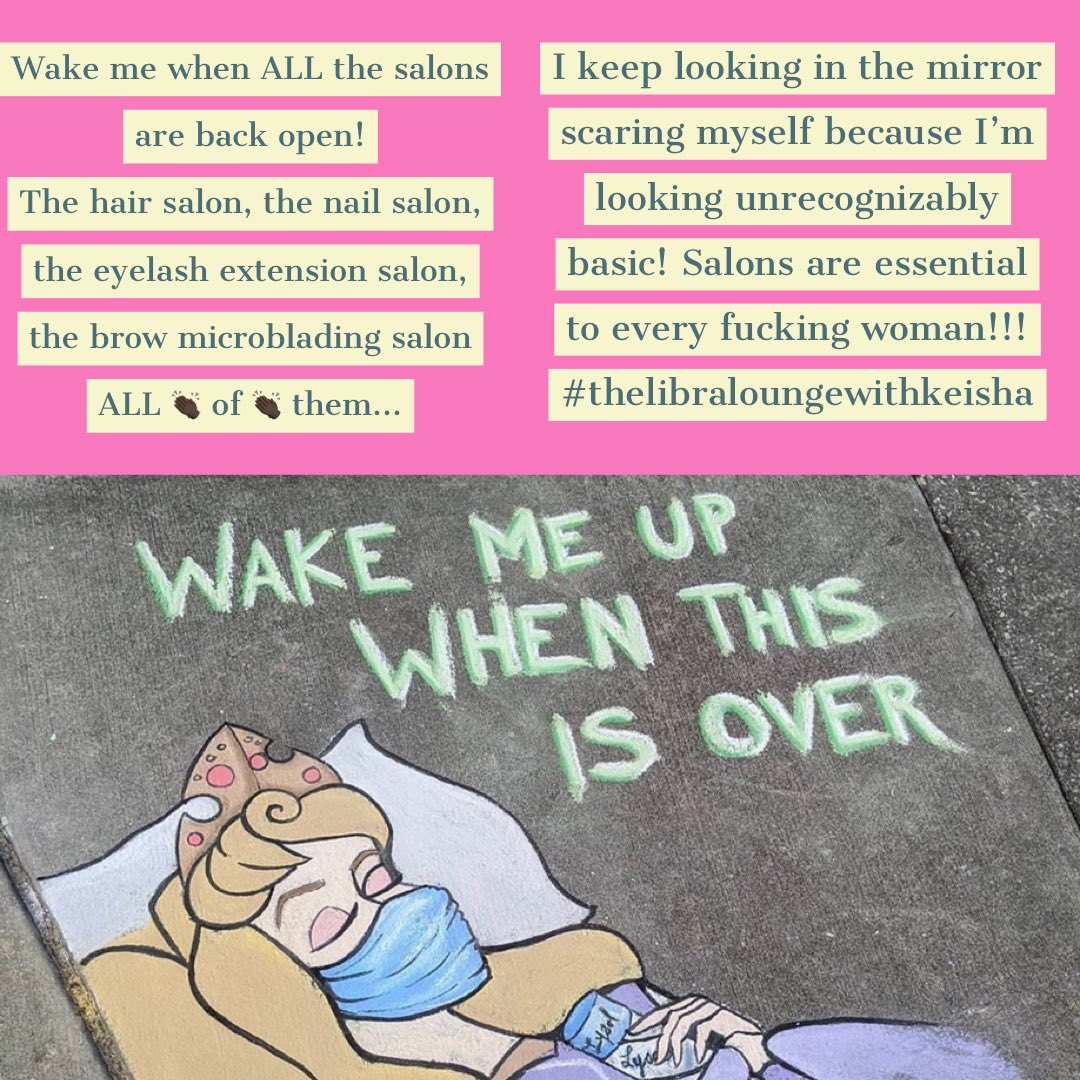 Libralounge's tweet photo. I’m so over this shit! Make America Great Again by opening up all the salons! I can’t keep living ugly 😭😭😭#thelibraloungewithkeisha #hair #nails #EssentialWorkers #salons #sendhelp #podcast #thelibraloungewithkeisha #princess #petty https://t.co/waFb4yfPHz