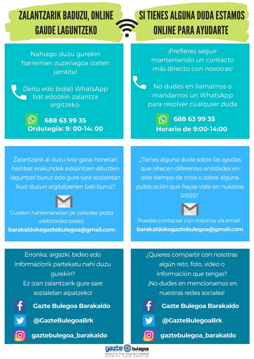 GazteBulegoaBrk's tweet photo. ADI!
👉 Online jarraitzen dugu, argitzeko eta zuen zalantzetan laguntzeko
¡AL LORO!
👉Seguimos online para resolver y ayudaros en vuestras dudas.
#gaztebulegoa #online #jarraitu #nietxeangeratzennaiz https://t.co/ioDcWvX99B