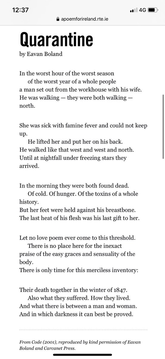 ColetteKelleher's tweet image. Came across Eavan Boland’s heartbreaking poem Quarantine in brother Con’s essay about Macroom Workhouse. It’s describes the tragic deaths of Kitty and Patrick Buckley who left the workhouse to find the graves of their children &amp;amp; then died. May the poet &amp;amp; those she wrote about RIP