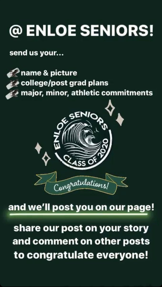 EnloeMagnetHS's tweet photo. ‼️Attention Seniors‼️ Head on over to Instagram and follow @enloeclassof2020! Submit your post high school plans, a picture, and check out where your classmates are headed in the future. We miss y’all so much!! Stay tuned for more senior celebrations coming in May! 💚💛🦅 https://t.co/KLnEvBY19O