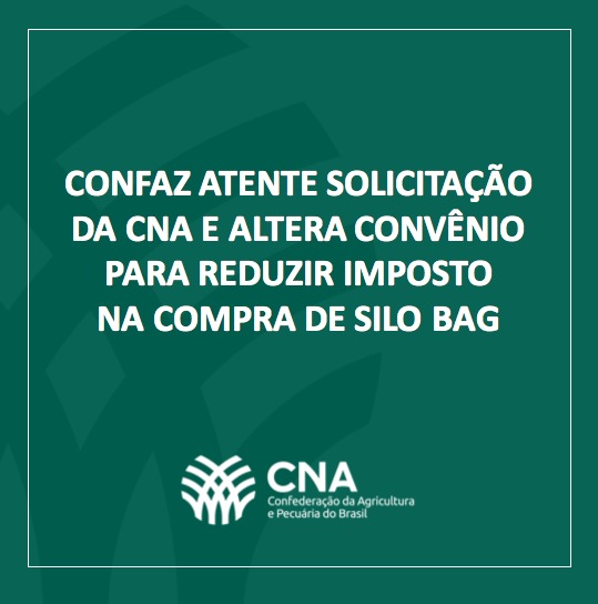 SistemaCNA's tweet photo. Confaz atendeu a solitação da CNA e alterou o Convênio ICMS nº 30/20, incluindo no grupo de equipamentos com redução de imposto o silo bag, utilizado para o armazenamento de grãos e silagem. https://t.co/ysuJ8wzp2R
#grãos #silagem #silobag #agro #conquista https://t.co/VGU8U2Ui4p