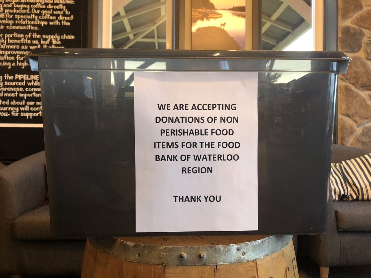 BadenCoffee's tweet photo. We are collecting donations for the food bank! Drop off your non-perishable food items for the @FoodBankWatReg. They will be delivered Friday! Help us fill our bin! https://t.co/oFpyS7M06q
