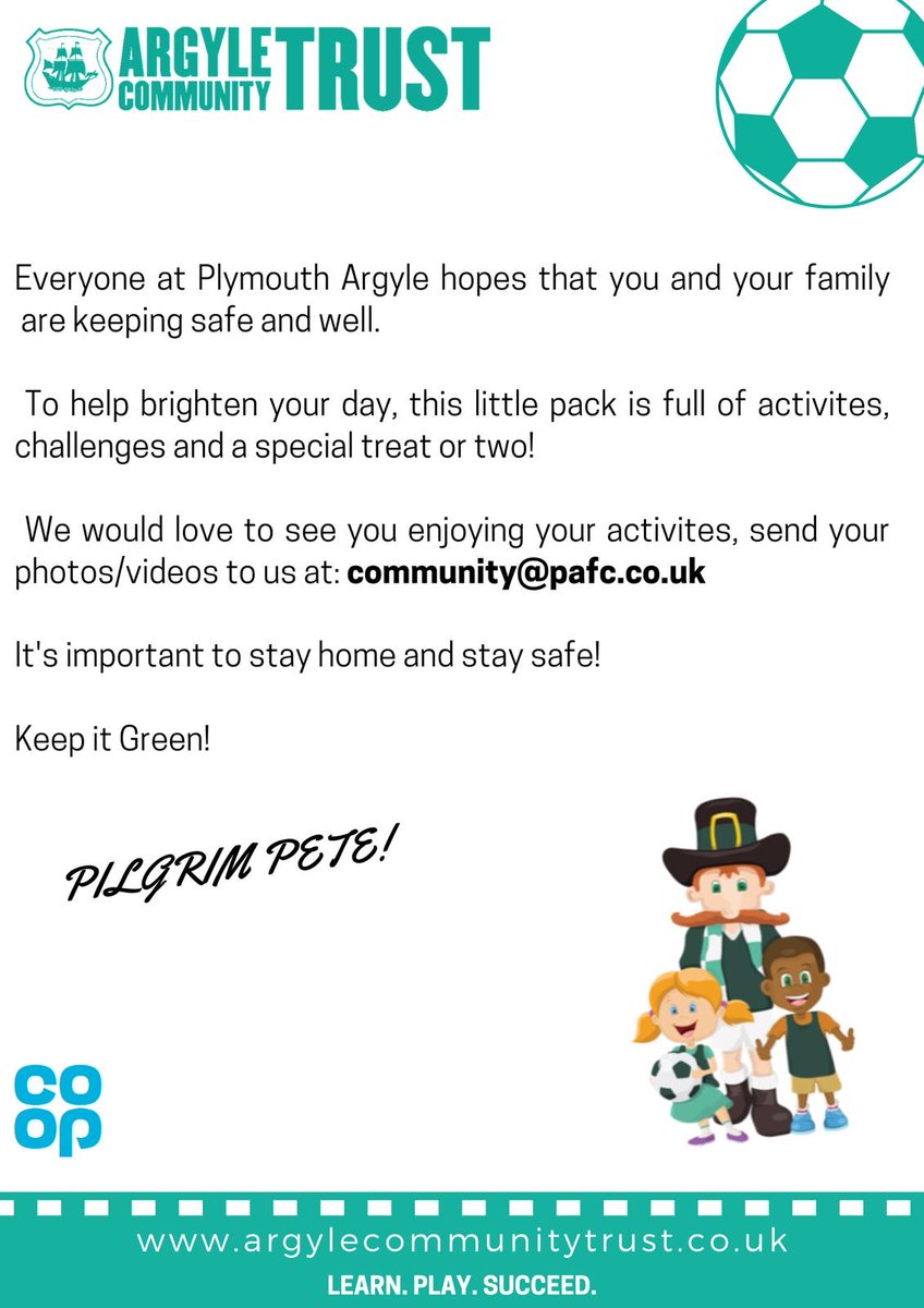 ArgyleTrust's tweet photo. 'Physical not digital resources, a pack created to inspire those in need.'

Here at Argyle Community Trust, we are reaching out to Primary School children in Key Stage 2. This 𝙁𝙧𝙞𝙙𝙖𝙮, supported by @coopuk, we'll be delivering 100 '#LearnPlaySucceed Packs' across #Plymouth. https://t.co/rFCvD2teW2