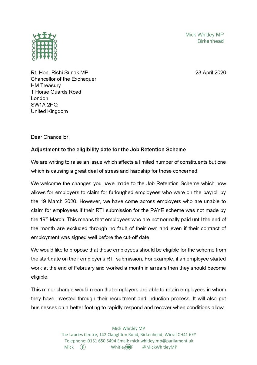 MickWhitleyMP's tweet photo. The Government promised that no worker would be left behind during this outbreak. But too many people who recently changed jobs still aren't covered by the Job Retention Scheme. 

Thanks to all the MPs who joined me in writing to the Chancellor on this important subject. https://t.co/2x1qvcyeFY