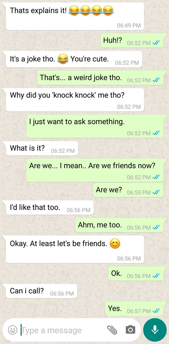 40. "Knock-knock-joke-gone-wrong"Jeongwon please understand, Gyeoul don't know a lot of joke. Or does she even know one? 1st pic. - Gyeoul texting Jeongwon2nd pic. - Jeongwon's POV3rd pic. - cont. of flirting i mean text4th pic - they talk for 21mins uWu