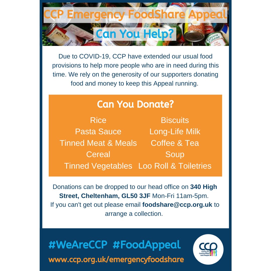 CCPCharity's tweet photo. Can your street #collectfood for us? 🥫🥕🍪🍝📦 We rely heavily on #donations to send out the #foodparcels each week 🙏 Please feel free to use this flyer which you can personalise and send out for donations 👉 https://t.co/hVo8FcueTn #WeAreCCP #FoodAppeal #CharityTuesday https://t.co/bHgN6ximlV