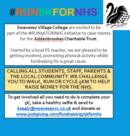 PeSwavesey's tweet photo. Swavesey have joined other local schools in the great initiative #Run5KForNHS. So get your running trainers on and get involved. https://t.co/4s94PcCkKd