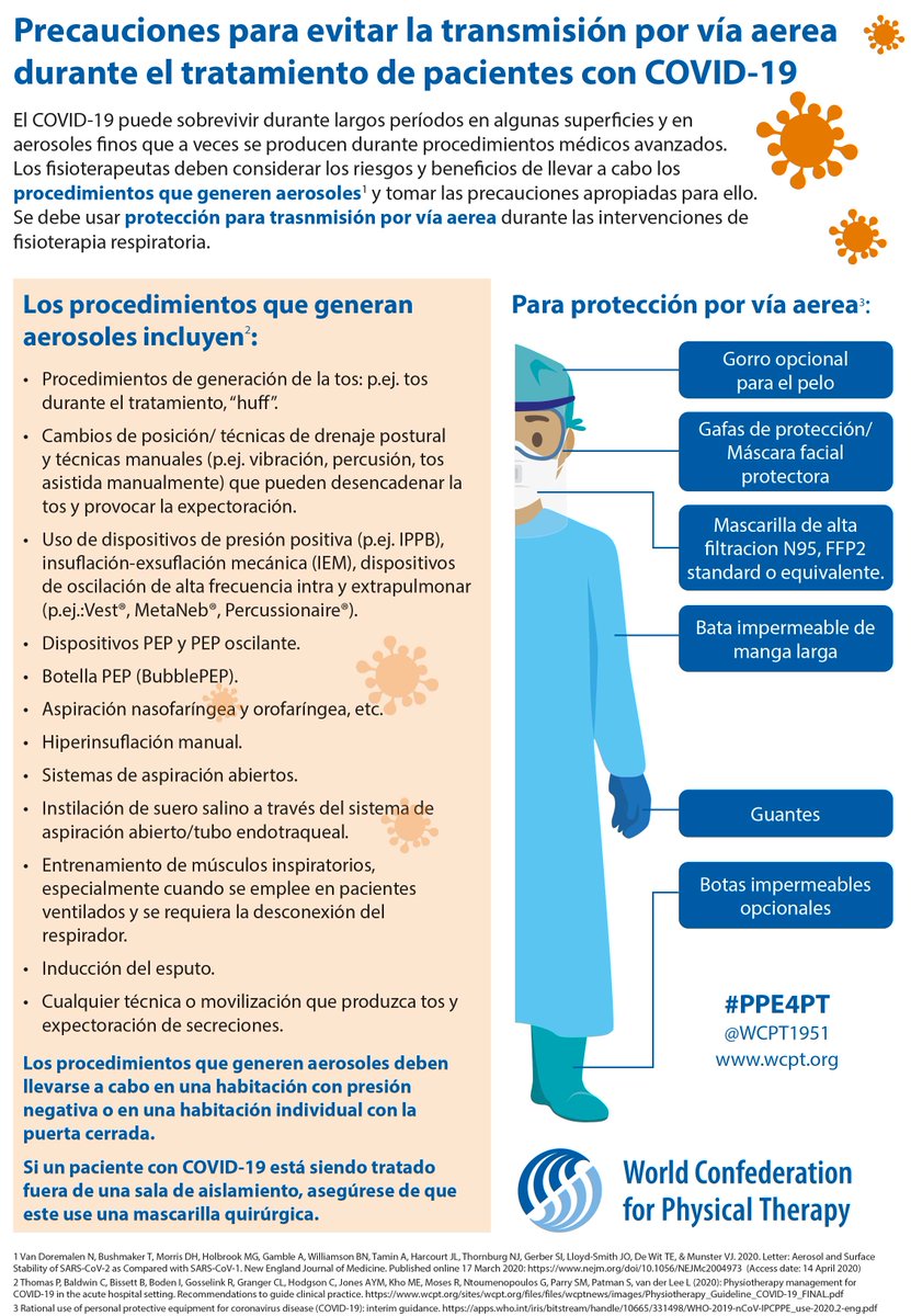 📣‼️ Recomendaciones para #fisioterapeutas que trabajan con #pacientes #COVID19 por parte de la <a href="/WCPT1951/">WCPT1951</a>. Breve #infografía sobre las #EPIs recomendables en #fisioterapia (<a href="/aefisio/">AEF</a>).

Más información ➡️ wcpt.org/covid19/campai…