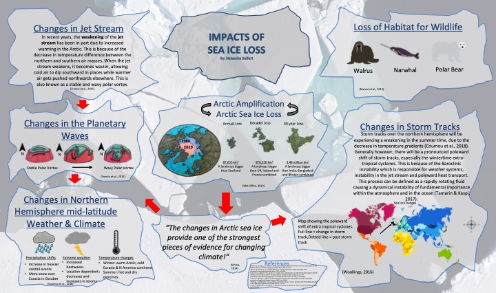 SeifertNatascha's tweet photo. Is the Arctic moving towards an "ice-free" summer? If so there will be drastic impacts felt around the globe. Here is my infographic on impacts of sea ice loss for the GY667 Module of the #MScClimateChange @Maynoothgeog https://t.co/fQbhTQqVIJ