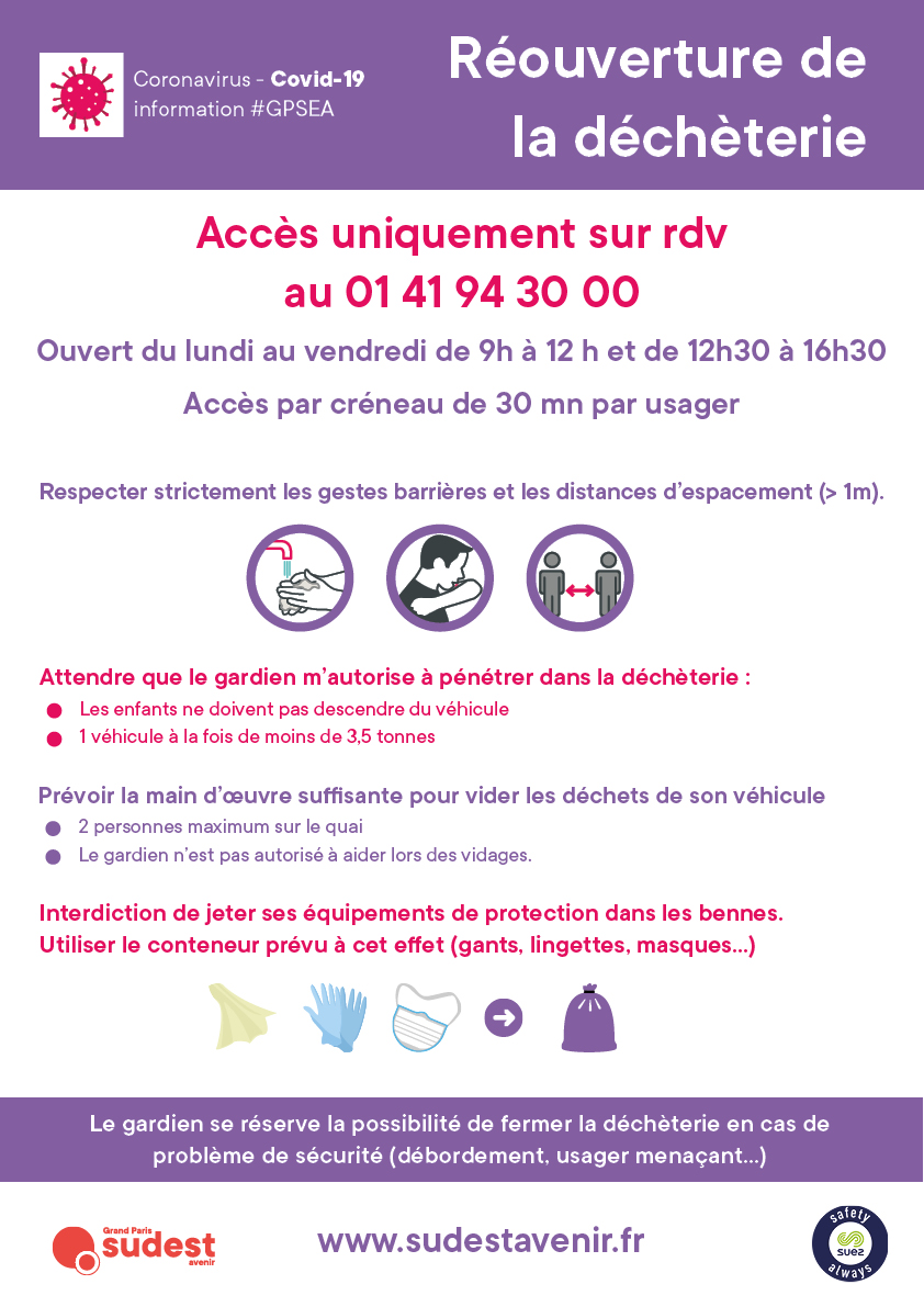 sudestavenir's tweet photo. [INFORMATION #CORONAVIRUS]

Réouverture des #déchèteries à #Alfortville, #Créteil, #Limeil-Brévannes à compter du 4/05, du lundi au vendredi de 9h à 12 h et de 12h30 à 16h30.
Accès uniquement sur RDV au 01 41 94 30 00 à partir du jeudi 30 avril.
https://t.co/oBF7YdflGK https://t.co/fGb0Mbug8k