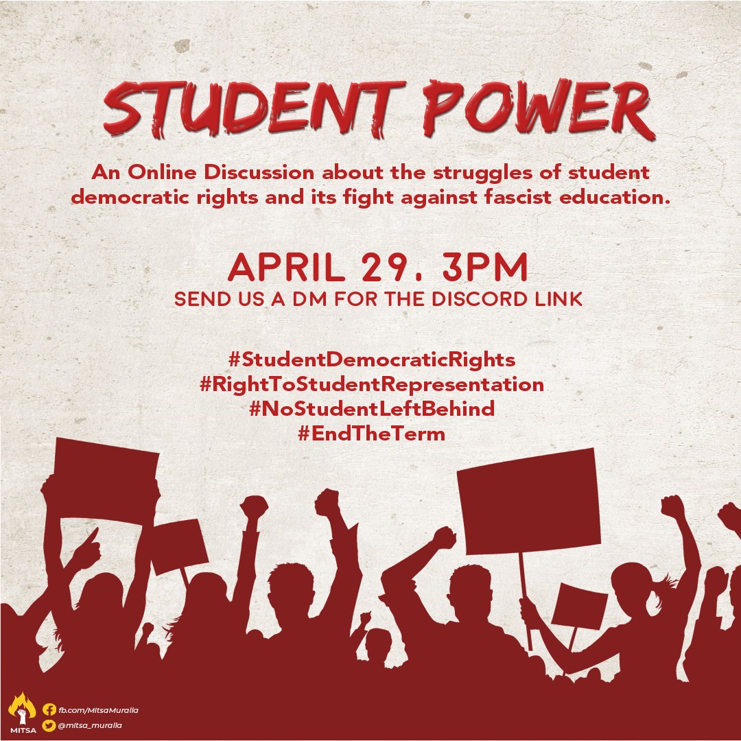 mitsa_muralla's tweet photo. Ano nga ba ang papel na ginagampanan ng mga estudyante sa pagkamit ng pambansang demokrasya? Sumali sa online na diskurso tungkol sa “Student Power” handog ng Mitsa sa darating na ika-29 ng Abril, miyerkules!
#StudentDemocraticRights
#RightToStudentRepresentation
#EndTheTerm https://t.co/s3ZGH8WThF