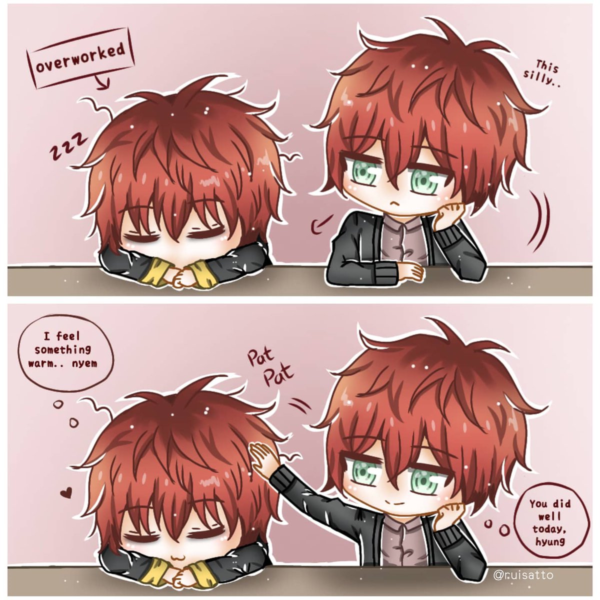 'Ah, he'll catch a cold. I'll get blanket for him,'
#mysticmessenger #choitwins #mysme707 #mysmesaeran #mysmeunknown #mysmesaeyoung #saeyoungchoi #lucielchoi #saeranchoi #raychoi #unknown #ray #otomegame #koreangame #artwork #comic #art_4share #artistontwitter