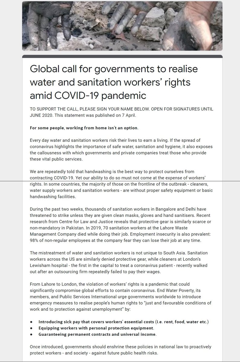EndWaterPoverty's tweet image. On World Day for Safety and Health at Work, we urge govs to protect cleaners &amp;amp; sanitation workers from #COVID19 by providing:

💧PPE
💧Sick pay
💧Permanent contracts

Please join 300+ individuals/organisations by signing✍️our global petition👉docs.google.com/forms/d/e/1FAI…

#shwday