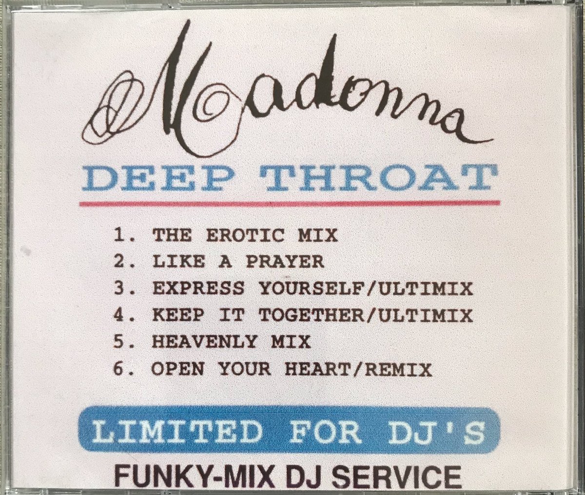 Poplifer73's tweet photo. Found this in the garage this morning.
I forgot I had this bootleg Madonna album.
Madonna “Deep Throat” DJ service CD.
#Madonna #Remix #Remixes #DJCD #Bootleg #BootlegCD #Madonna #QueenOfPop https://t.co/6HNRODpRs1