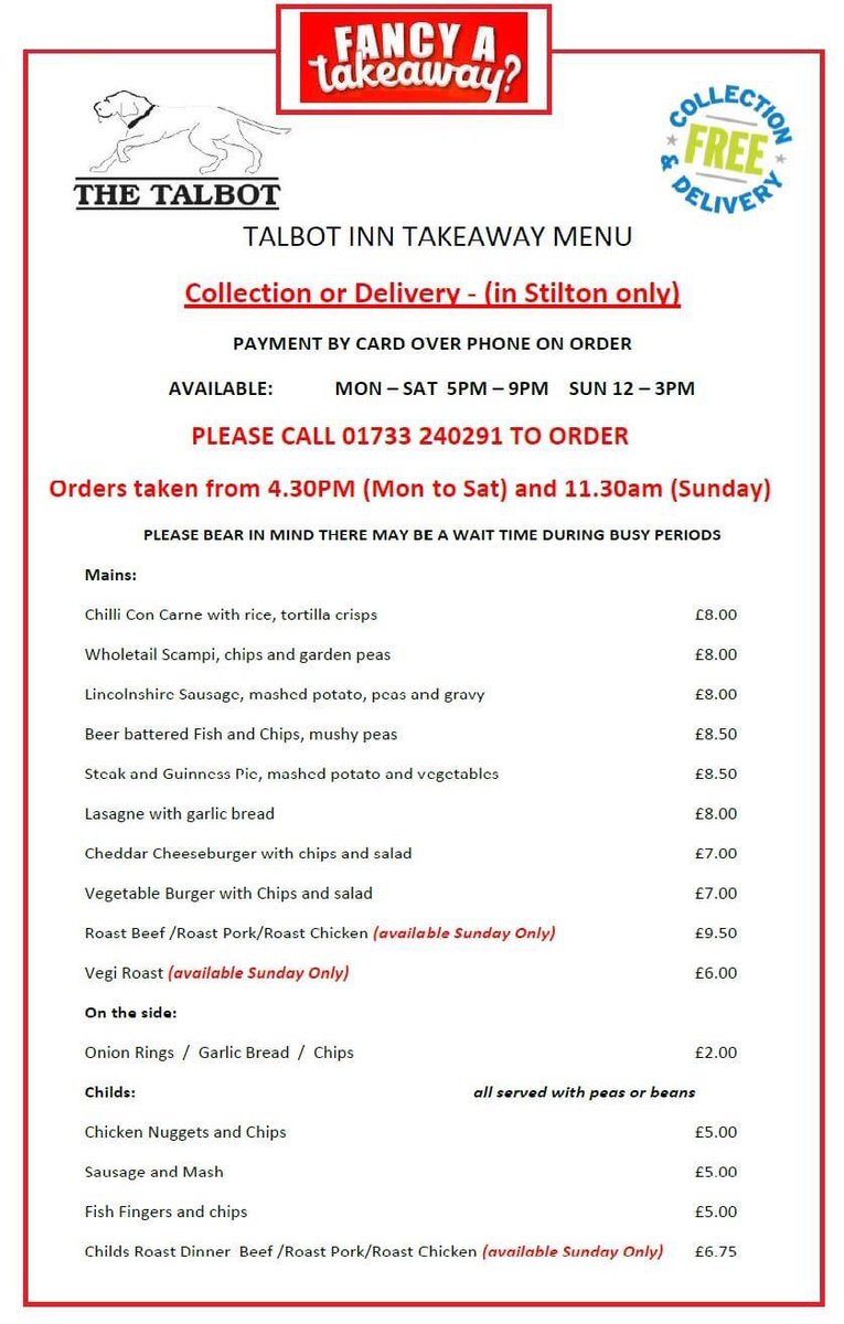 talbotstilton's tweet photo. Fancy takeaway tonight then call us on 01733 240291:

Available 7 days a week
Mon - Sat 5 - 9pm and Sun 12 - 3pm 

COLLECTION  or FREE DELIVERY
PLEASE CALL 01733 240291 TO ORDER 
Orders taken from 4.30PM (Mon to Sat) and 11.30am https://t.co/KFX0SzH52t