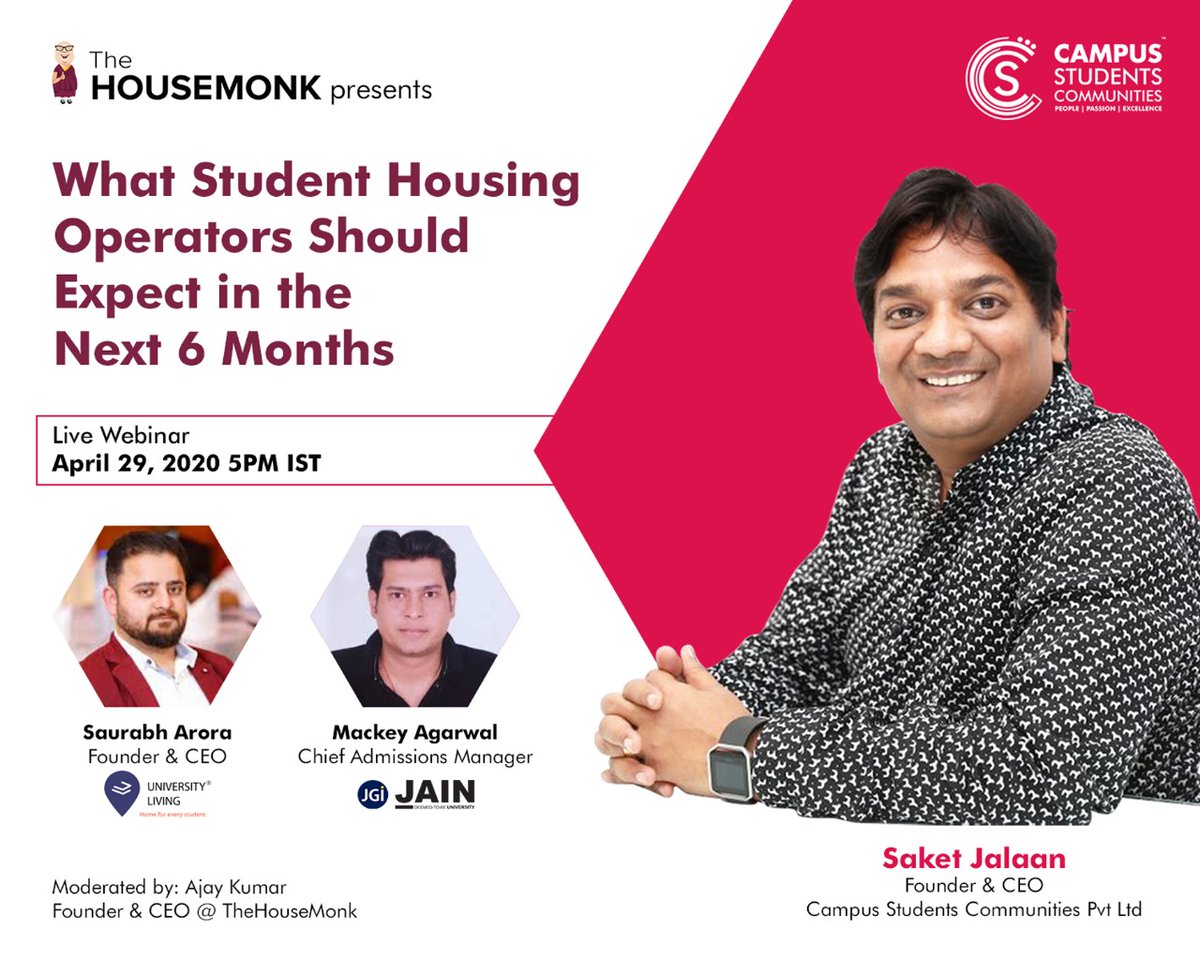 cschousing's tweet photo. Lets hear about #studenthousing business in India specifically In and Post #covid19 environment! A webinar by @TheHouseMonk on 29 April 2020 at 5PM IST. Join https://t.co/l2XceBnas9 @JalanSaket @arorasaurabh84 https://t.co/uuGc2CyqtW