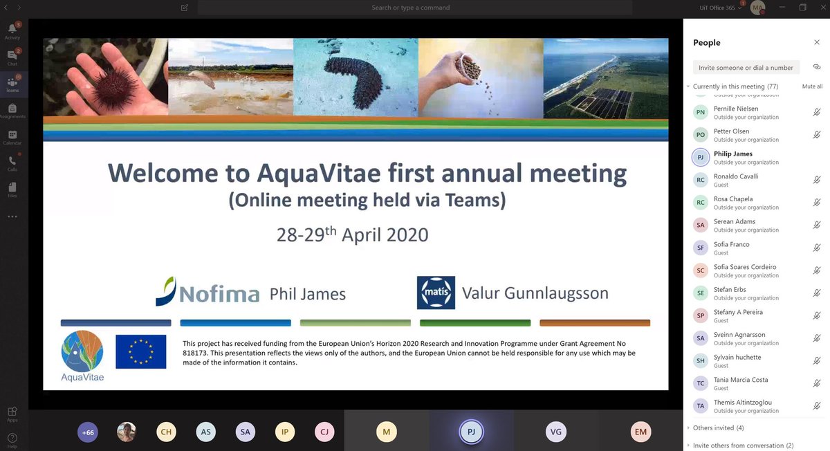 The <a href="/EU_H2020/">Horizon 2020</a> <a href="/aquavitaeEU/">AquaVitae</a> project 1st Annual Meeting kicked-off today online instead of Bin Brazil. The Coordinator Phlip James <a href="/nofima/">Nofima</a> greeted the 80 participants. Tomorrow <a href="/UiTromso/">UiT | University of Tromsø</a> will host the Training session.