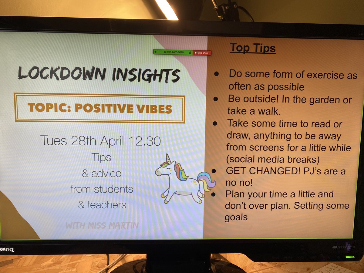 LoisW_Teach's tweet photo. What an amazing turnout for our first #LockdownInsights session! We heard from lots of staff & students who had great ideas on keeping positive during lockdown (with added unicorn cheer🌈🦄). Can’t wait for next week. Here are some of the top tips we found handy👇🏻 #PositiveVibes https://t.co/YC4UU8n8hF