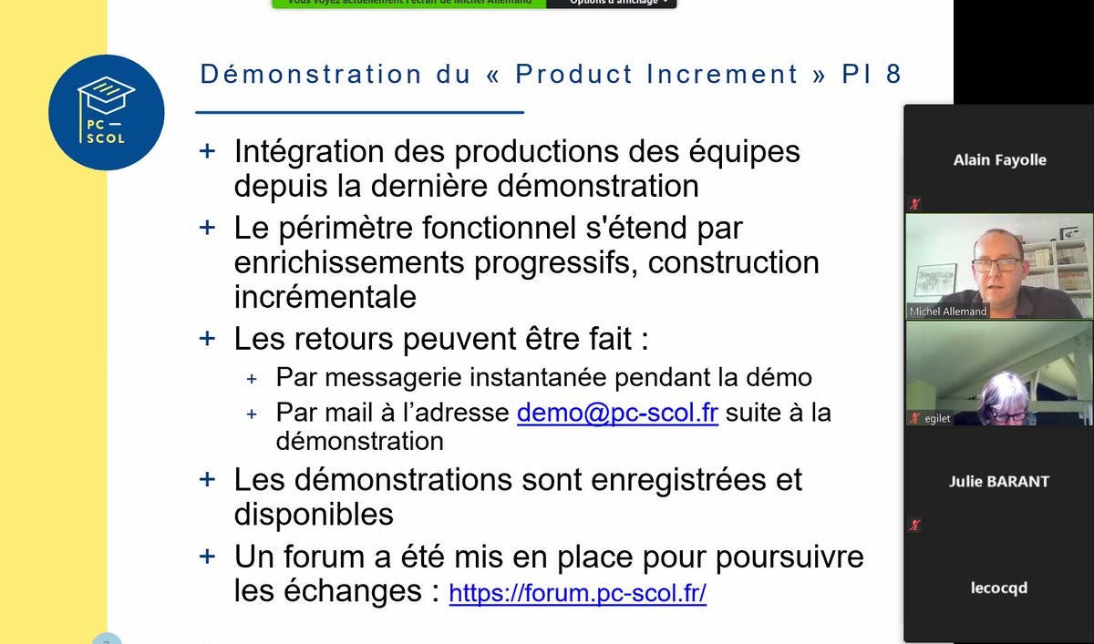 AlainFAYOLLE1's tweet photo. début de la démo du Product Increment PI8 #PCSCOL #PEGASE : plus de 200 participants - la communauté #Formation #université #Ecole reste mobilisée @michelallemand @lboudy @pcscol @Amue_Com @AssoCocktail @CPUniversite @sup_numerique @sup_recherche @GuillaumeGelle @MehdiGharsallah https://t.co/Kdx5lsAUTv