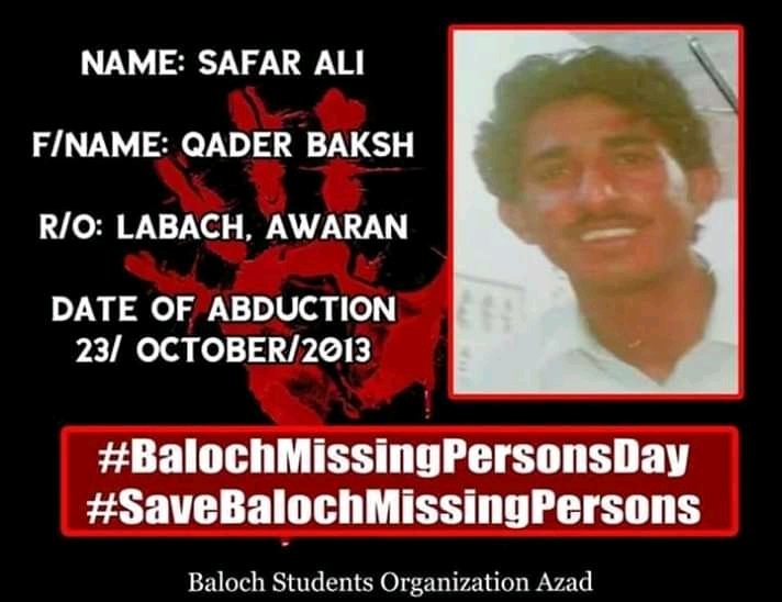 wahagbso's tweet photo. سفر علی ولد قادر بخش کو 23 اکتوبر 2013 میں پاکستانی فوج نے اغواه کیا جو تاحال لاپتہ هے سفر علی لباچ آواران کا رہائشی هے.هزاروں بلوچ فرزند اس وقتدپاکستانی عقوبت خانوں میں بند هیں جن کا کوہی پتہ نہیں کہ کس حال میں هیں
@amnesty
@hrw
@UNHumanRights
#SaveBalochMissingPer https://t.co/EpZxcSP8B5