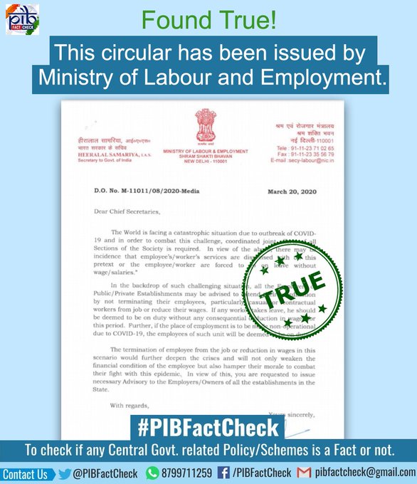 A stamp with the word True on a circular issued  by the Ministry of Labour and Employment dated March 20,2020