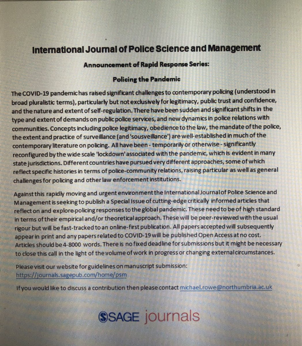 International Journal of Police Science&Management (@ijpsm) on Twitter photo Pleased to announce a Rapid Response Series: Policing the Pandemic. We welcome articles on the below areas and we will fast track the review process at this time - <a href="/SAGEPubIndia/">Sage India</a> pls contact @mikearowe for more detail π Pleased to announce a Rapid Response Series: Policing the Pandemic. We welcome articles on the below areas and we will fast track the review process at this time - <a href="/SAGEPubIndia/">Sage India</a> pls contact @mikearowe for more detail π