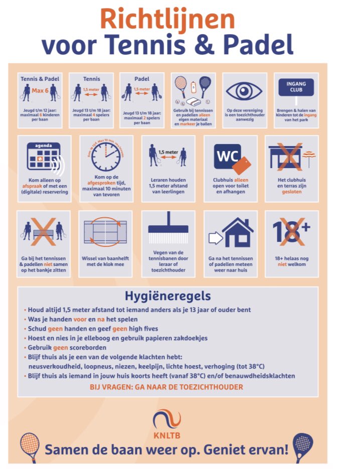 De jeugd mag vanaf morgen weer de baan op. We helpen tennis- en padelverenigingen met handige, duidelijke posters met richtlijnen. Handig voor communicatie naar leden en op het park. corona.knltb.nl