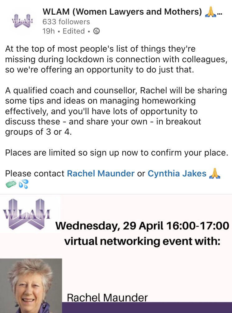 DolanTanya's tweet photo. Please join us for the @LawyersAnd virtual networking session tomorrow at 4-5pm. If you would like to book a place then please contact me or @CynthiaJakes1 #womeninlaw #homeworking #networking https://t.co/kjUCaMSzki