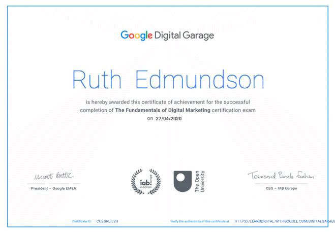 Level up 🆙 I’m proud of myself today for receiving my Fundamentals of Digital Marketing certification from #GoogleDigitalGarage!

Whilst on furlough I want to take advantage of the plethora of free online courses ✨

Got any recommendations? Feel free to share 👇