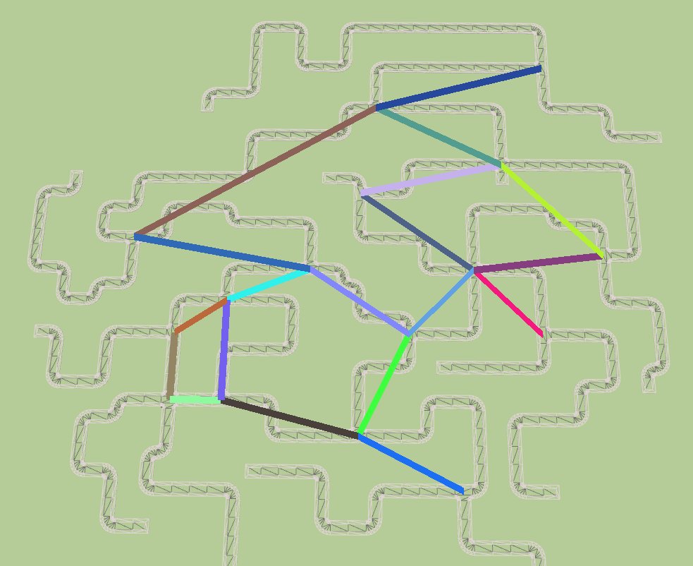 ThinMatrix's tweet image. Just finished work on representing the road system as a network with the intersections as the nodes, to make life easier for the path-finding algorithm. So in this example the algorithm would only have to work with 16 nodes instead of all 400 road tiles #gamedev