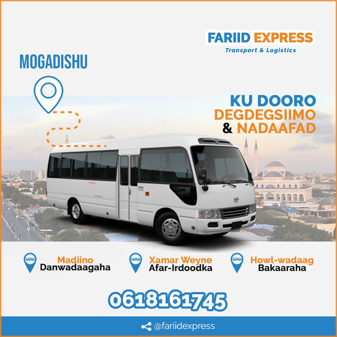 Fariidexpress's tweet photo. Macmiil waxay shirkadda Fariid Express kuu soo kordhisay adeeg cusub oo ah Fariid ExpressTransportation and logistics, adeegaan oo fududeyn doono isku socodka gadiidka dadweynaha gudaha magaalada Muqdisho. 
Buses-ka la isticmalayo waa kuwa aan cariiri aheyn, nadafadoodana- (1/2 ) https://t.co/mrlOALyIPG