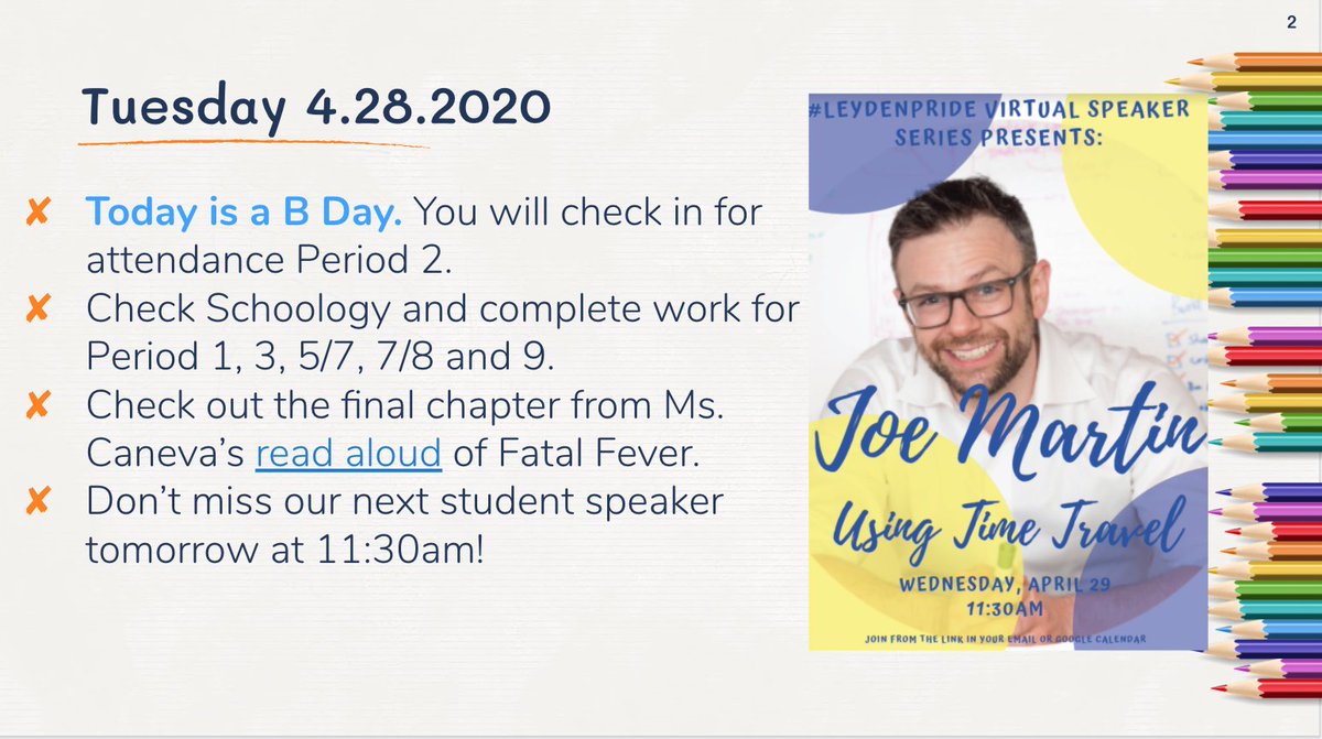 Morning #leydenpride!  Check out the final chapter from Ms. Caneva and Fatal Fever.  Don't miss the student speaker tomorrow at 11:30am!