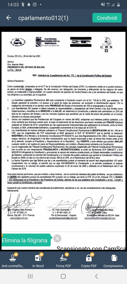 Carolin40038812's tweet photo. Activistas de Argentina, EEUU, y Europa amparados en el Art. 7  de la C.P.E  solicitamos el cumplimiento del art. 172  1 de la Constitución Política del Estado y el cierre del Parlamento 
@JeanineAnez 
@ArturoMurilloS 
@yerko_nunez 
@LatAmFr 
@hermanntertsch 
@VP 
@noticiasfides https://t.co/KRBiq1rzIJ